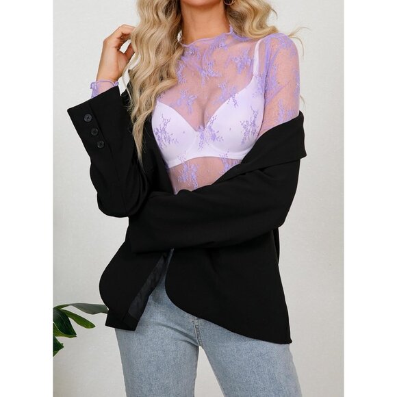 🆕Women Light Purple Polyamide Mesh Sheer Long Sleeve Mock Neck Lace Top Blouse - Picture 4 of 5